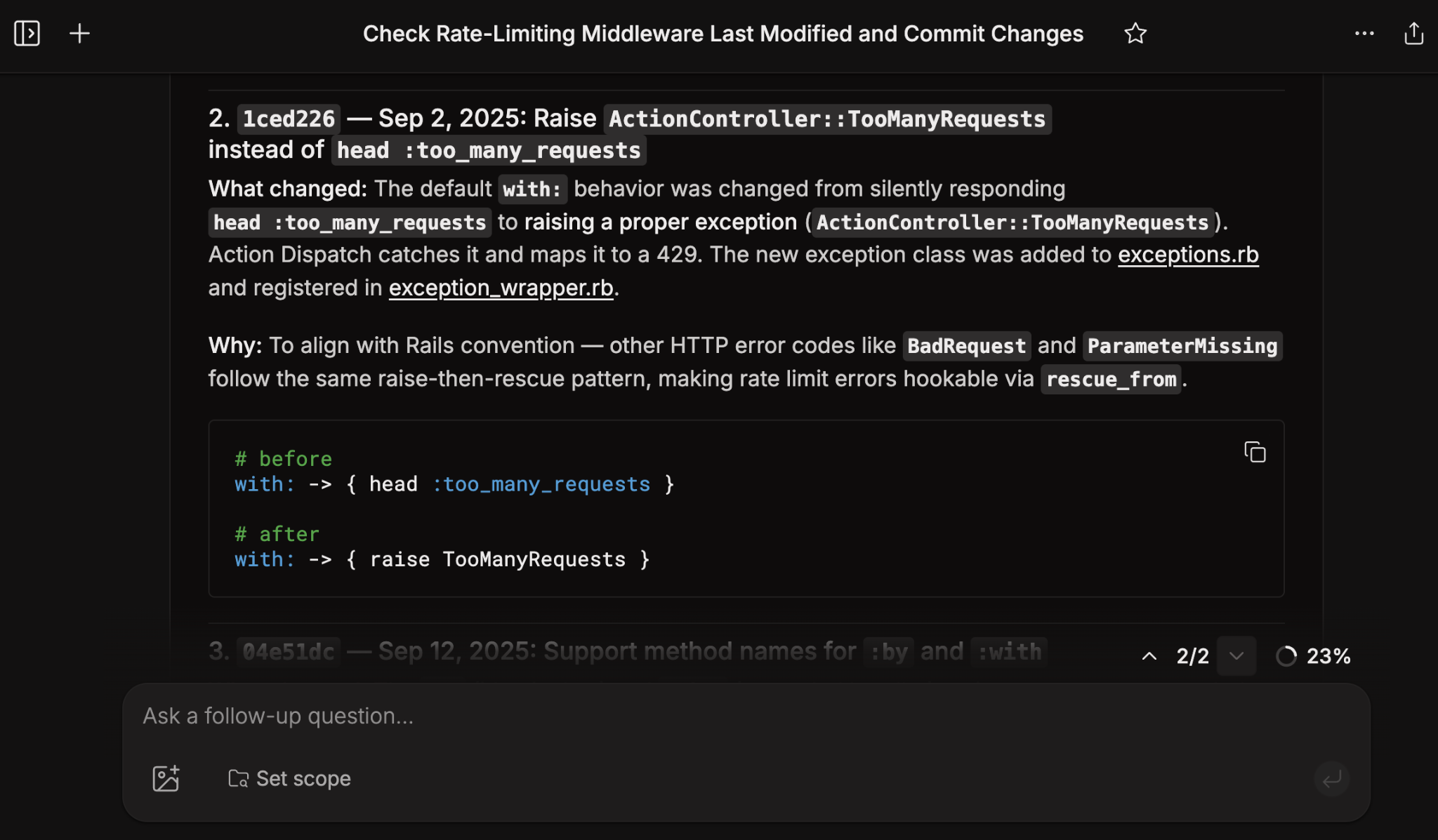 Trace change across history — Deep Search commit diff analysis