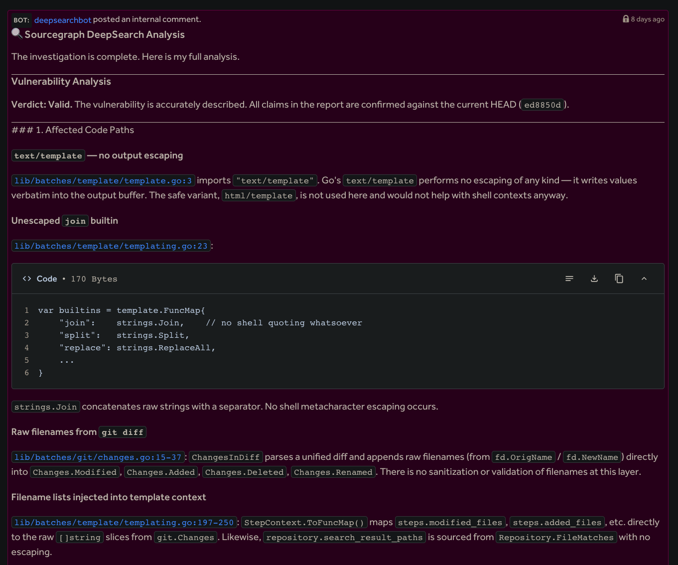 Overall vulnerability analysis and pointers to affected code