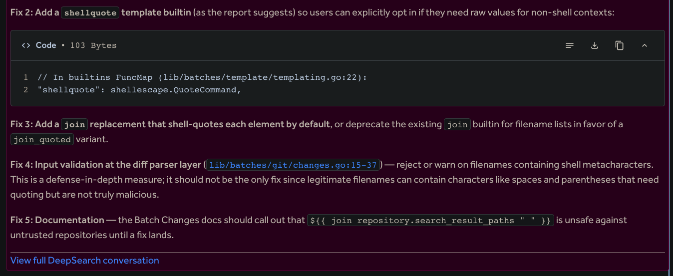 More suggested remediations and a link to the Deep Search conversation