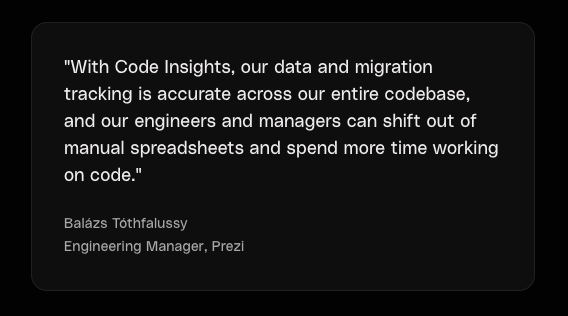 Quote from Prezi engineering manager Balázs Tóthfalussy on shifting from manual spreadsheets to Code Insights