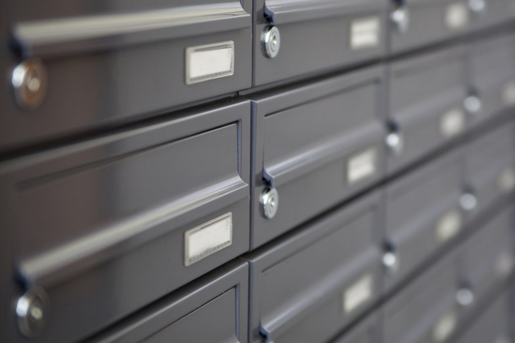 metallic mailboxes.