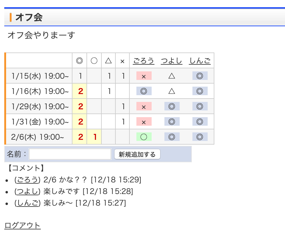 調整タイプ 投票型 例 伝助