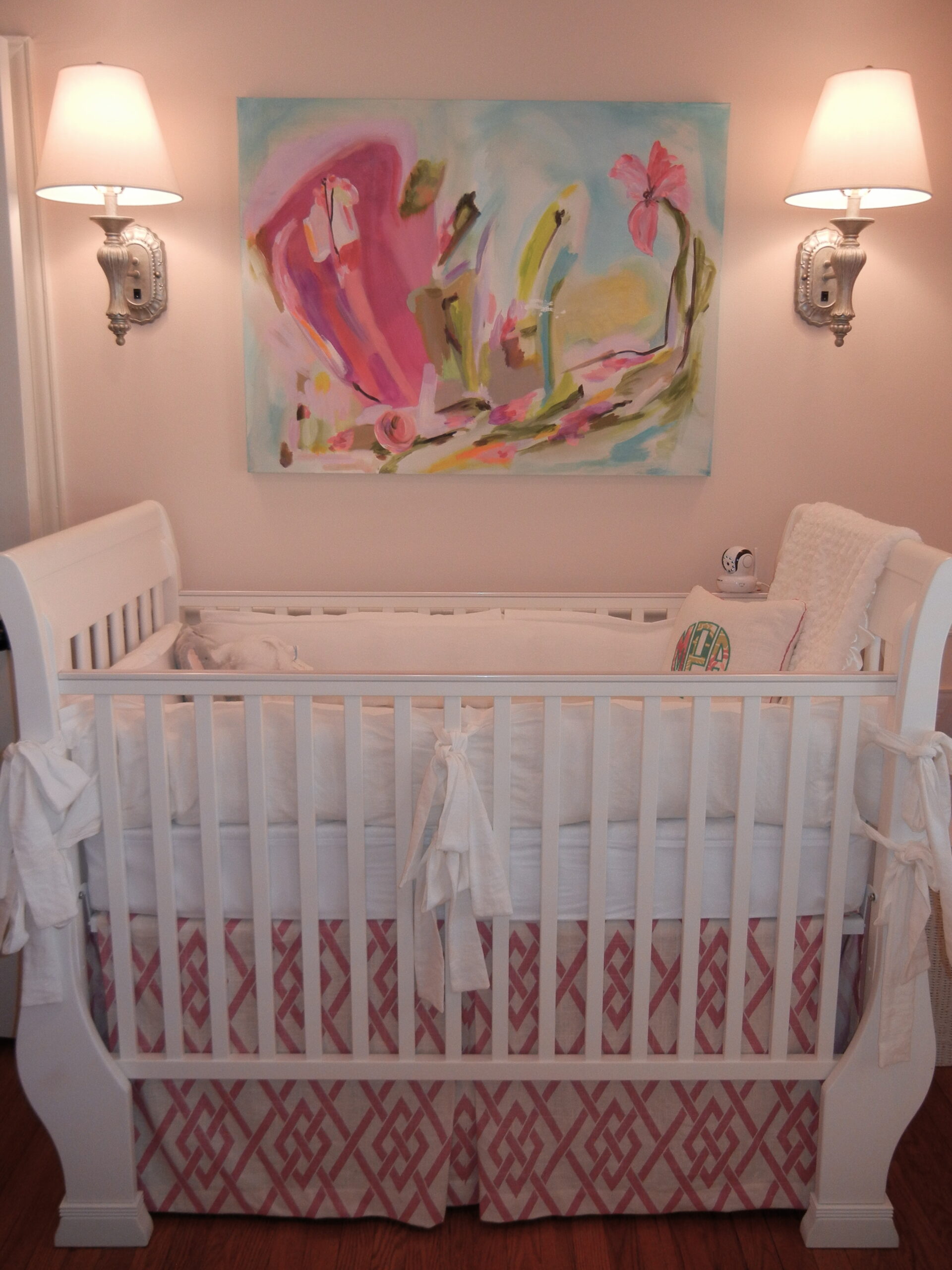 Custom Crib Skirt made with Braemore Secret Gate - Blossom