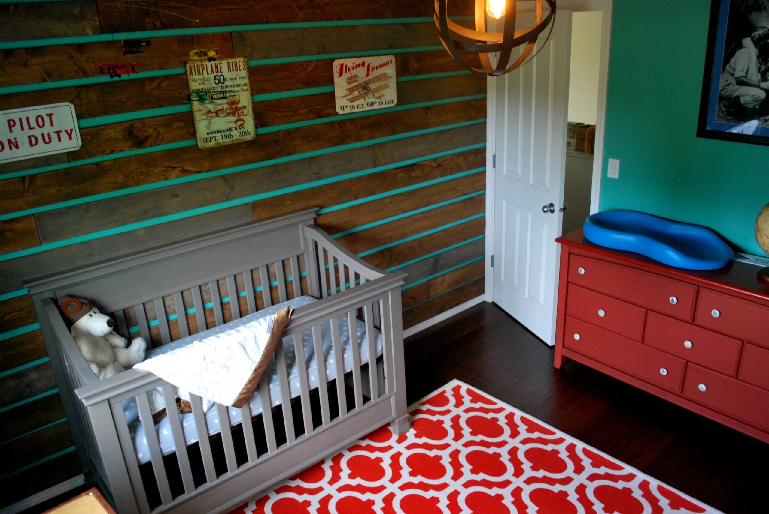 Vintage Travel and Airplane Nursery with Custom Wood Accent Wall
