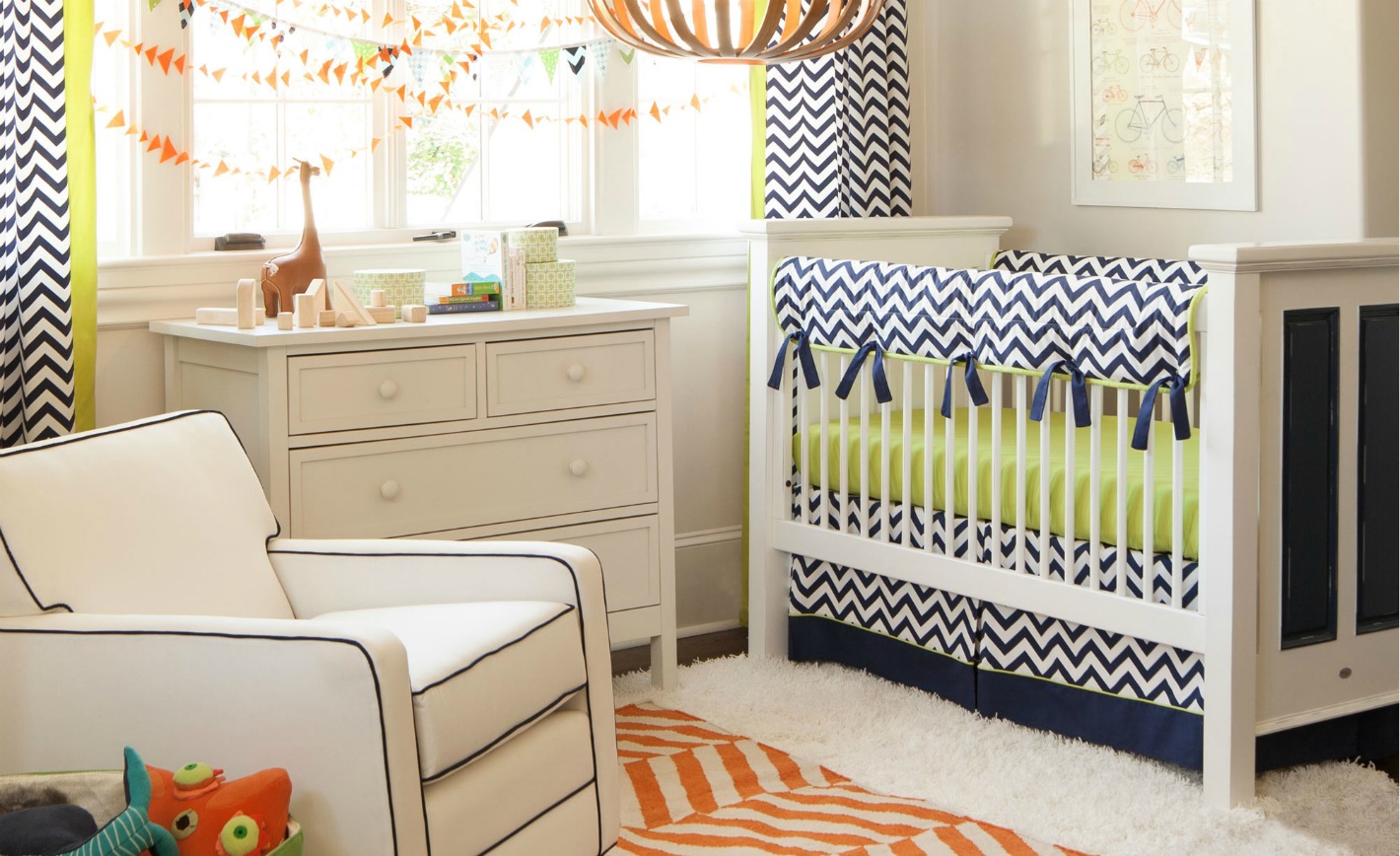 Navy and Citron Zig Zag Crib Bedding from Carousel Designs