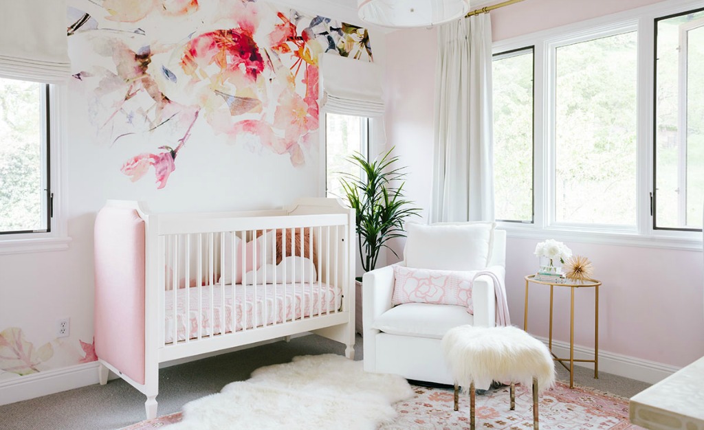 Pink and White Nursery with Floral Accent Wallpaper