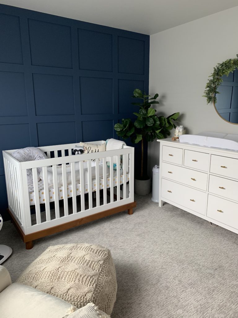 Modern Neutral Nursery with Navy Wainscoting