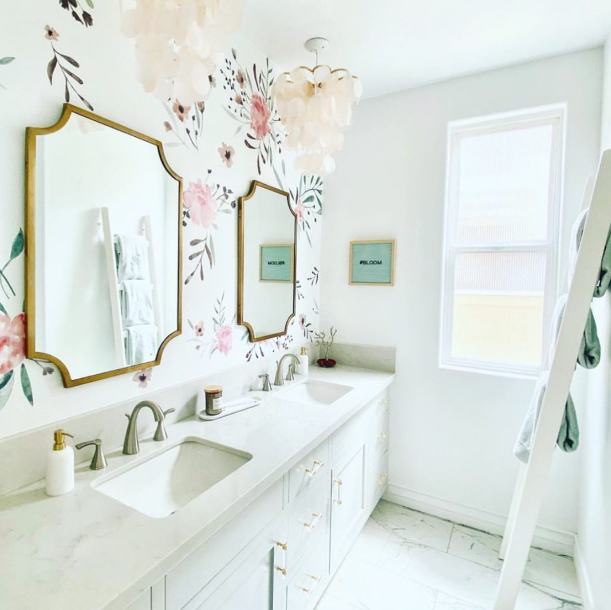 Pink Watercolor Flower Decals in Kids Bathroom by @styledbyneet