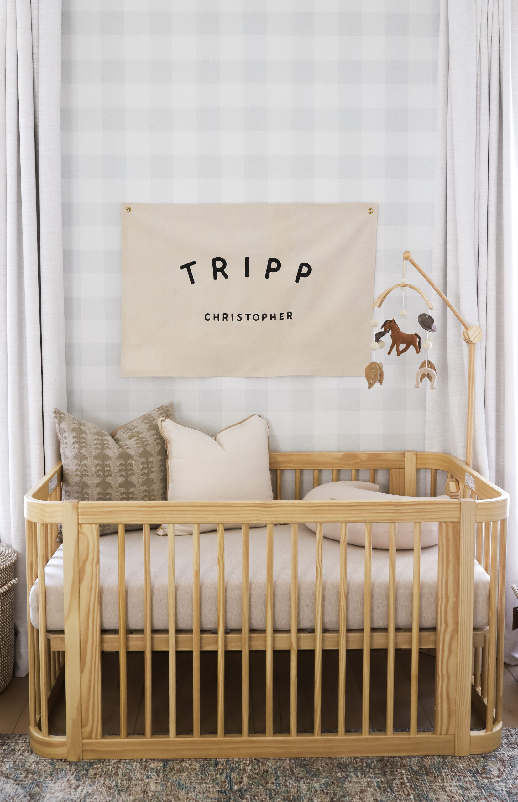 Boys Nursery with Gray Plaid Wallpaper