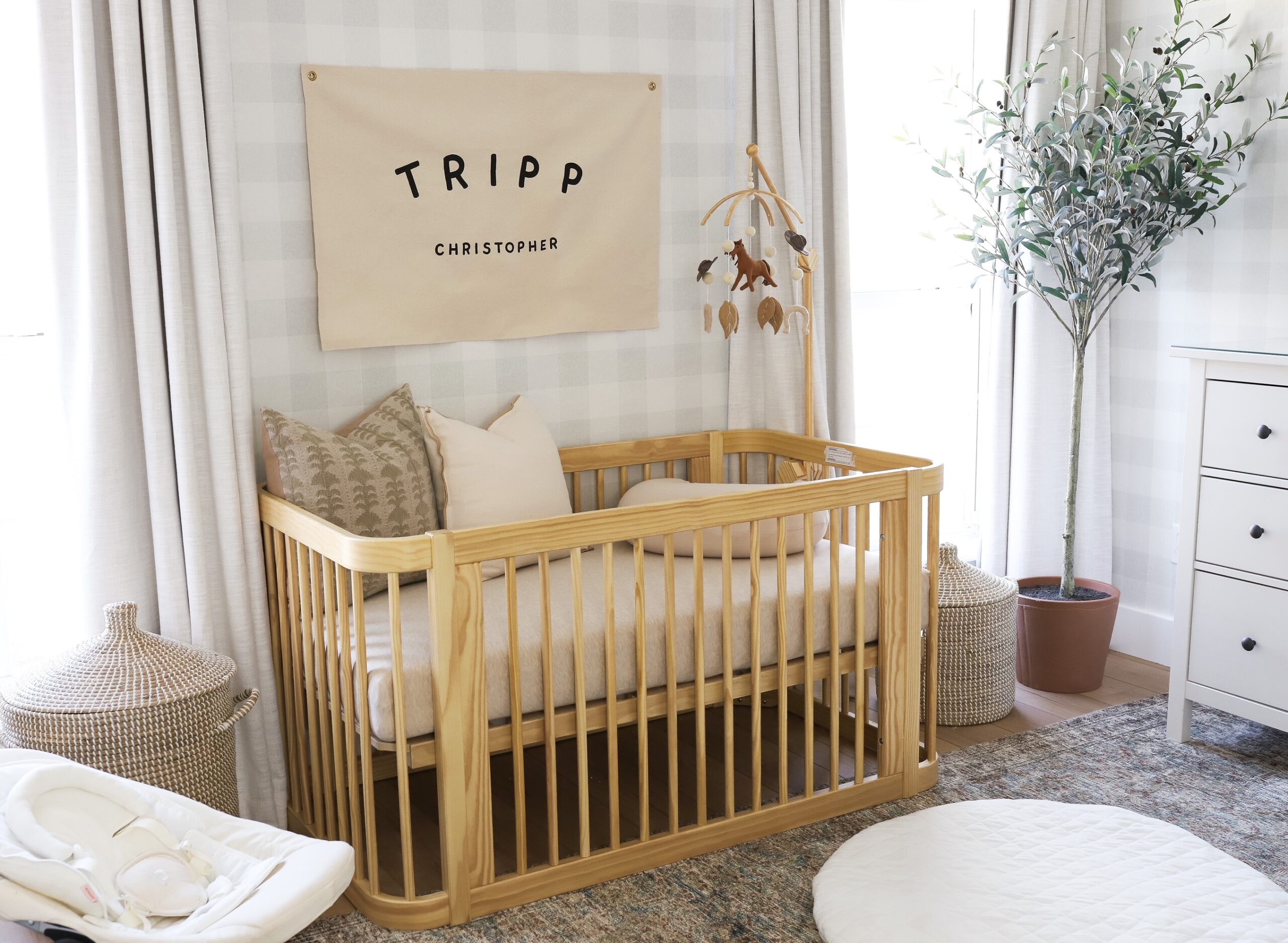 Boys Neutral Nursery with Gray Plaid Wallpaper