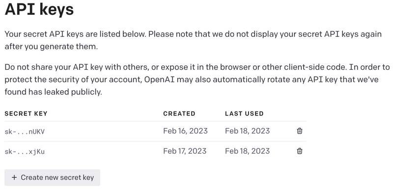 API Keys section for OpenAI, to create new secret key