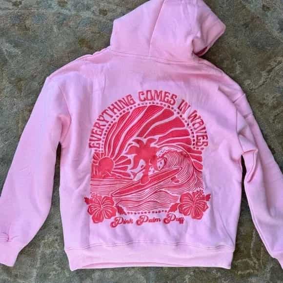 Pink Palm Puff “Everything Comes in Waves” Oversized Pullover Hoodie in Pink