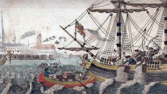 painting Boston citizens destroying shipment tea east India Company