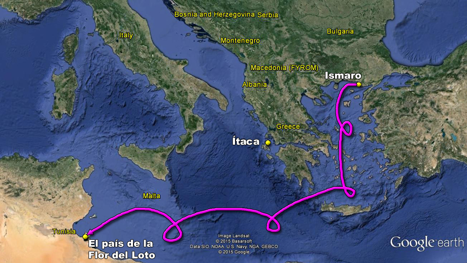 mapa odisea ulises viaje casa regreso homero desventuras itaca revolcandose en el mar desde ismaro hasta el pais de la flor del doto