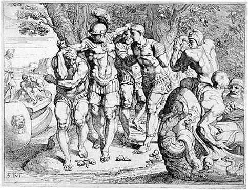 odyssey odysseus travels home return homer troubles pleasures stupid decisions Odysseus dragging his men out Lotus eater land