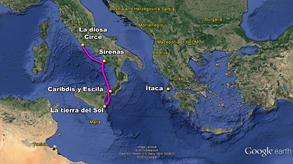 mapa odisea ulises viaje casa regreso homero desventuras itaca circe sirenas escila caribdis tierra del sol monstruos messina estrecho italia