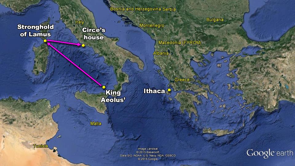 map odyssey odysseus travels home return homer troubles pleasures stupid decisions ithaca stronhold of lamus corcica circe house king aeolus ogres