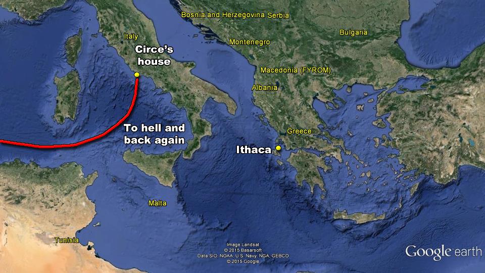 map odyssey odysseus travels home return homer troubles pleasures stupid decisions hell purgatory underworld hades house circe there back