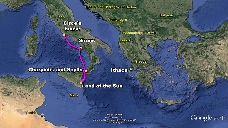 map odyssey odysseus travels home return homer troubles pleasures stupid decisions ithaca land of the sun charybdis scylla sirens circe messina strait monsters