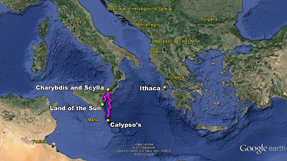 map odyssey odysseus travels home return homer troubles pleasures stupid decisions charybdis scylla ithaca land sun calypso raft cast away distroyed ships all dead