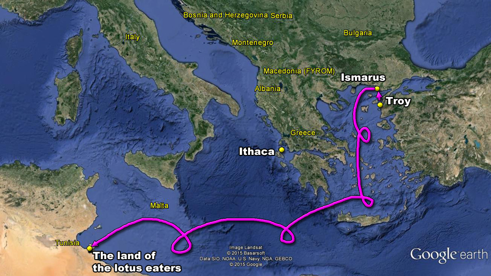 map odyssey odysseus travels home return homer troubles pleasures stupid decisions ithaca ismarus land lotus eaters