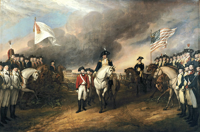 revolution Defeated British soldiers walking through double column  American soldiers