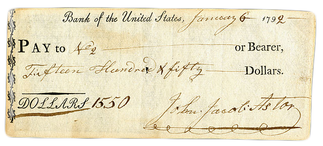 cheque  Banco Central firmado Johann Jakob Astor 1550 dolares 1792