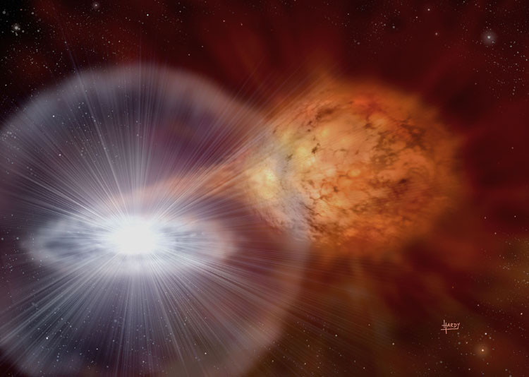 binary star system white dwarf stellar dust shed red giant explosions Novas known luminescence standard candles