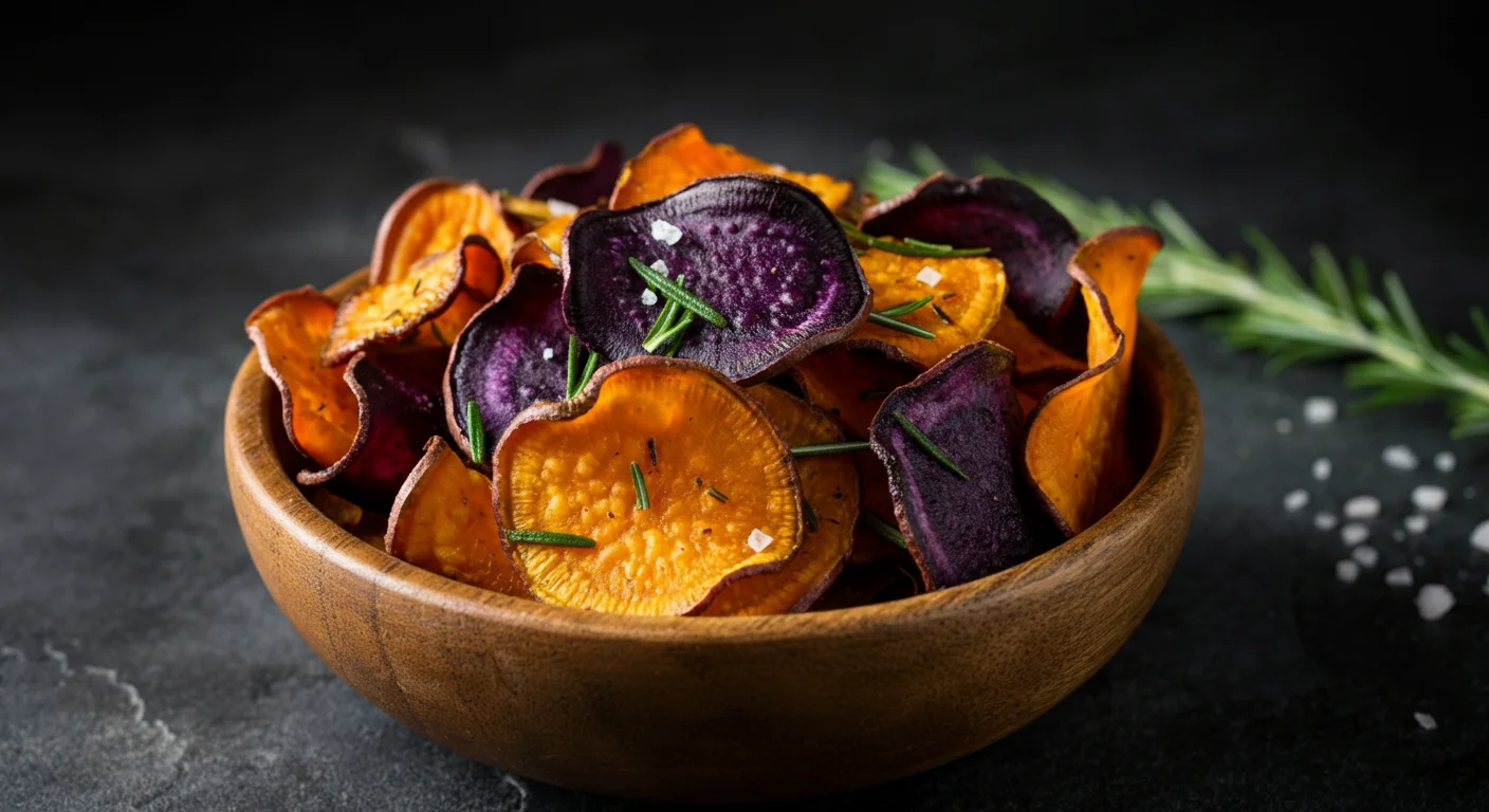 Chips de batata doce roxa e alaranjada dispostos de forma rústica em uma