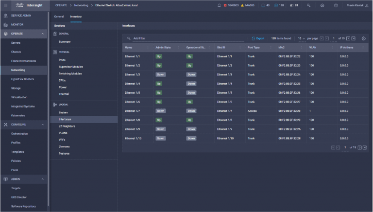 Interisght switch port inventory view