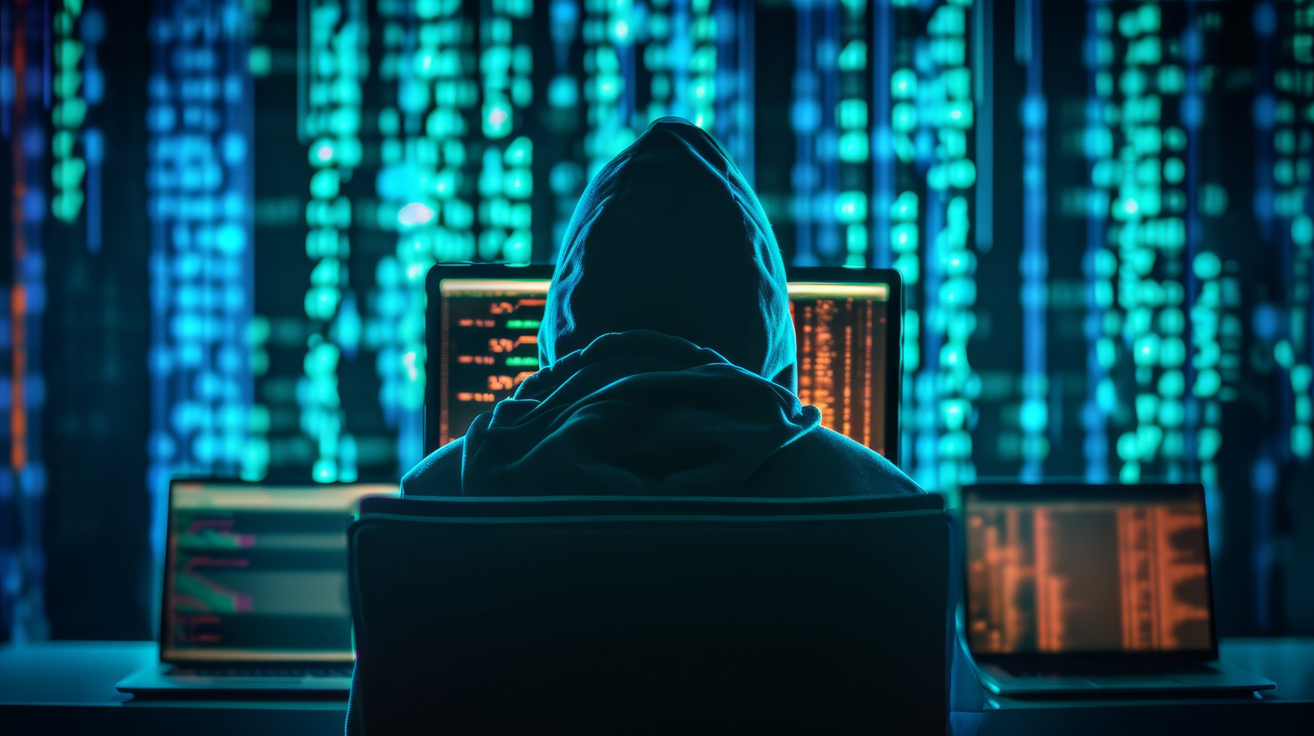 Hacker in a hoodie at computer