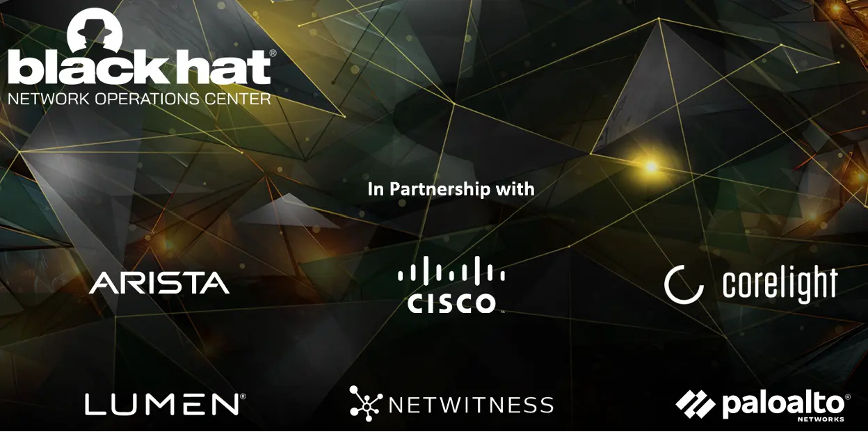 Promotional images for the black hat Network Operations Center, in partnership with Arista, Cisco, Corelight, Lumen, Netwitness, and Palo Alto Networks