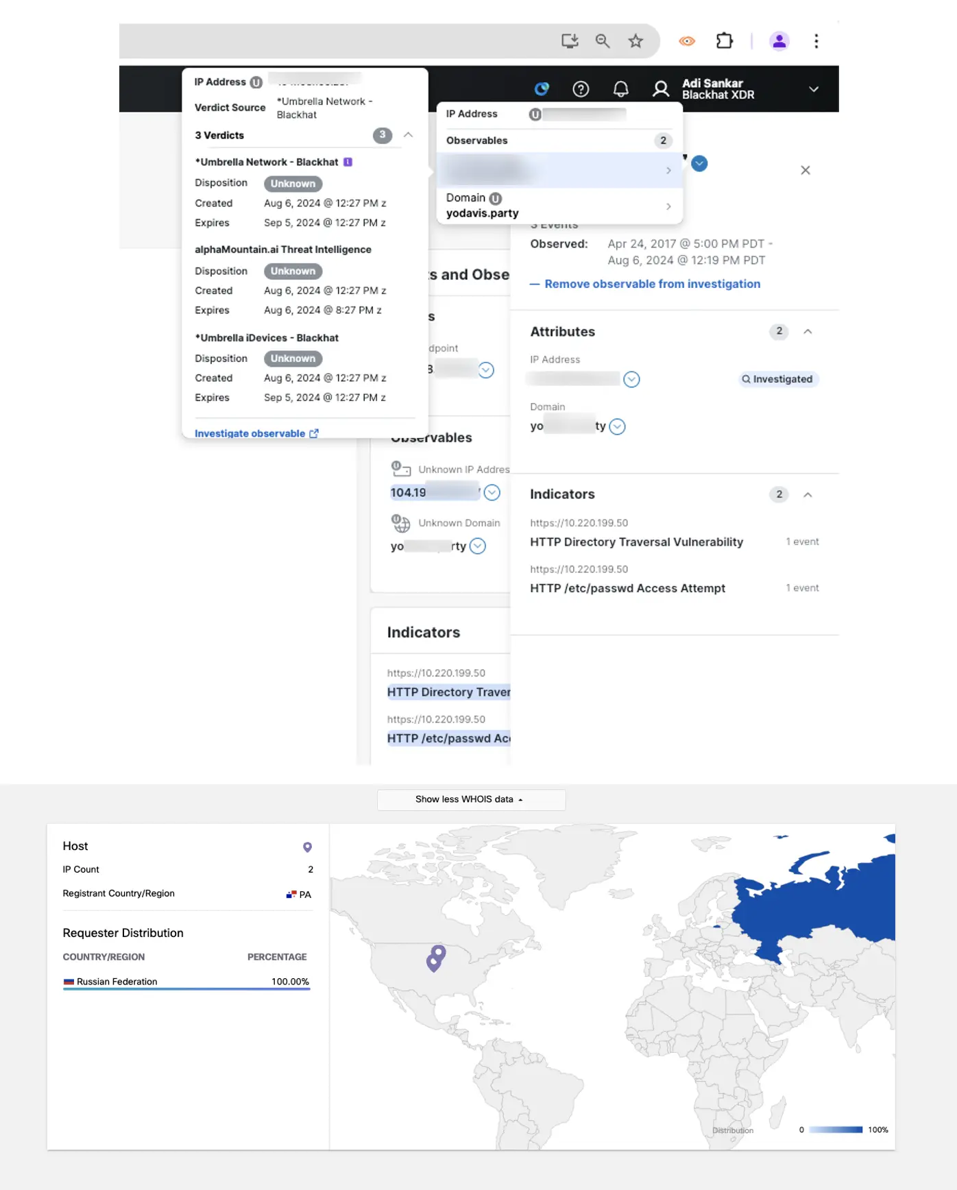 Screenshot of the location data and host MAC address in Cisco Umbrella 