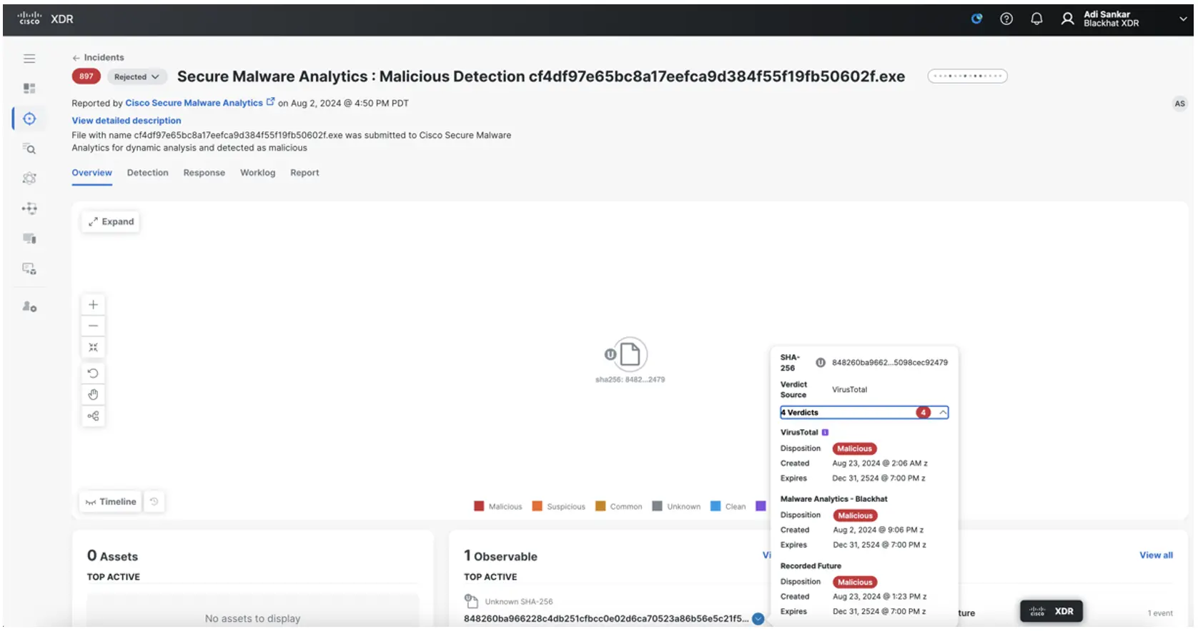 Screenshot of Secure Malware Analytics: Malicious Detection as displayed in Cisco XDR