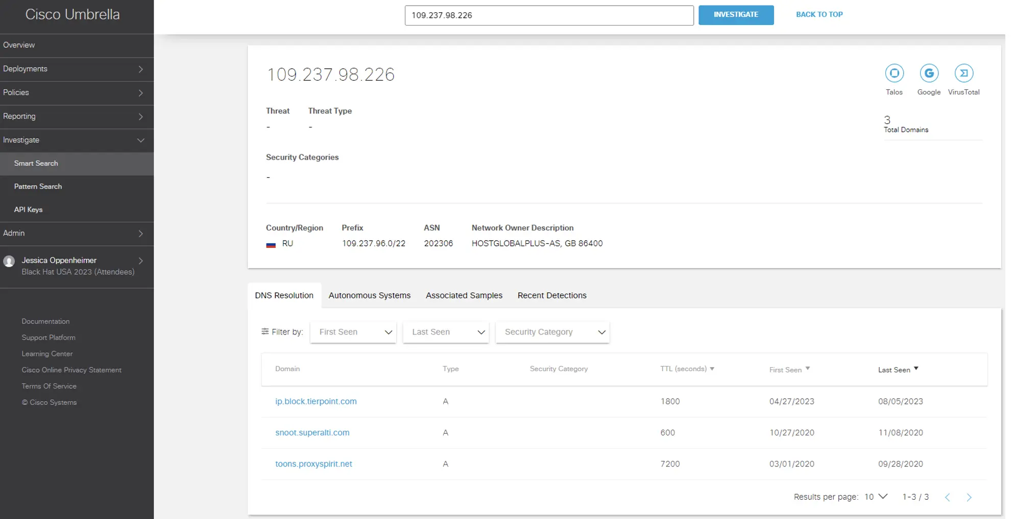 Screenshot of the Cisco Umbrella page showing the geolocation of the IP address to be originating from RU