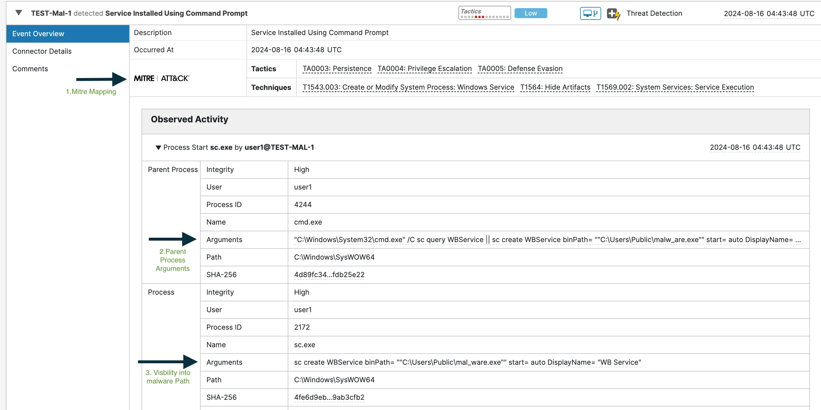 Screenshot of an event generated when a new service is created to run malware at startup.