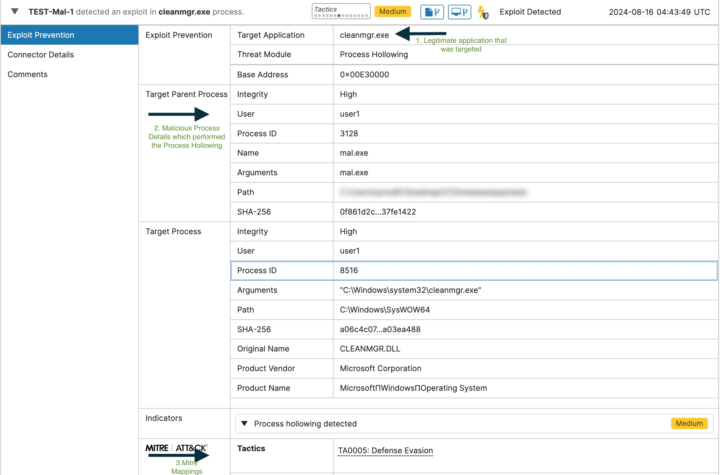 Screenshot of an event showing the Process Hollowing technique