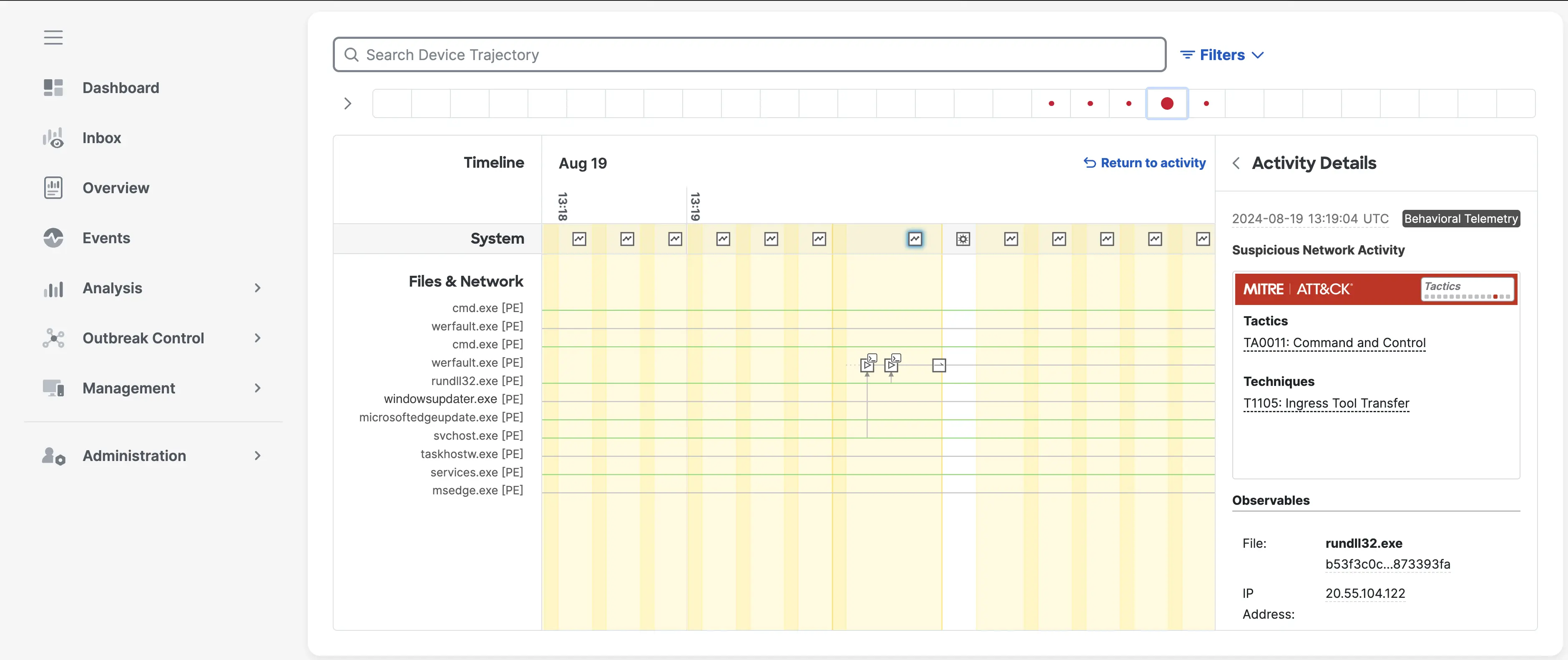 Screenshot of the Device Trajectory view in the Secure endpoint console.