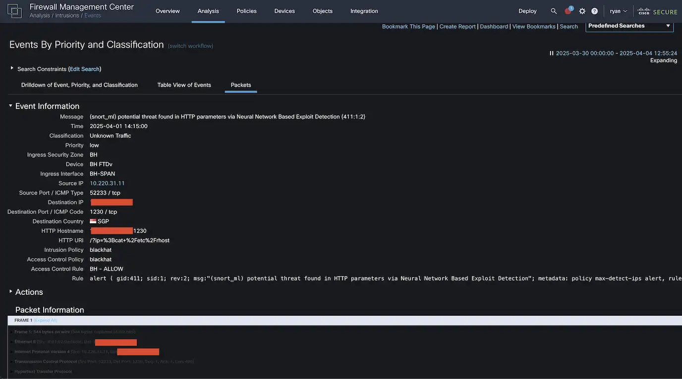 Example of Snort machine learning displayed in Firewall Management Center