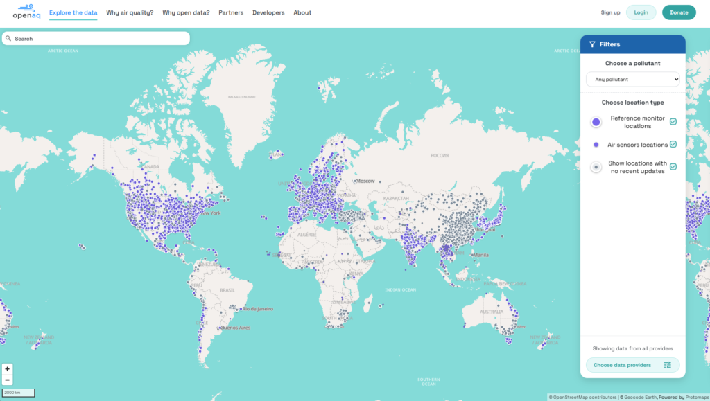 Picture of OpenAQ map with air sensor monitoring