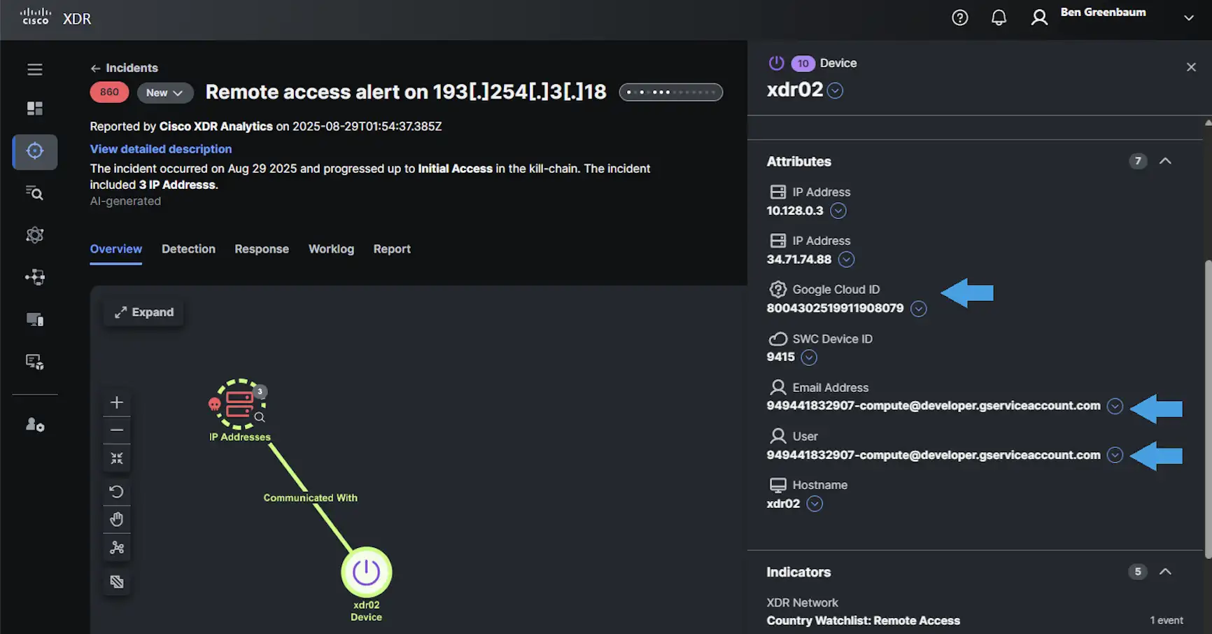 Cisco XDR incident derived from Google Cloud Platform flow logs