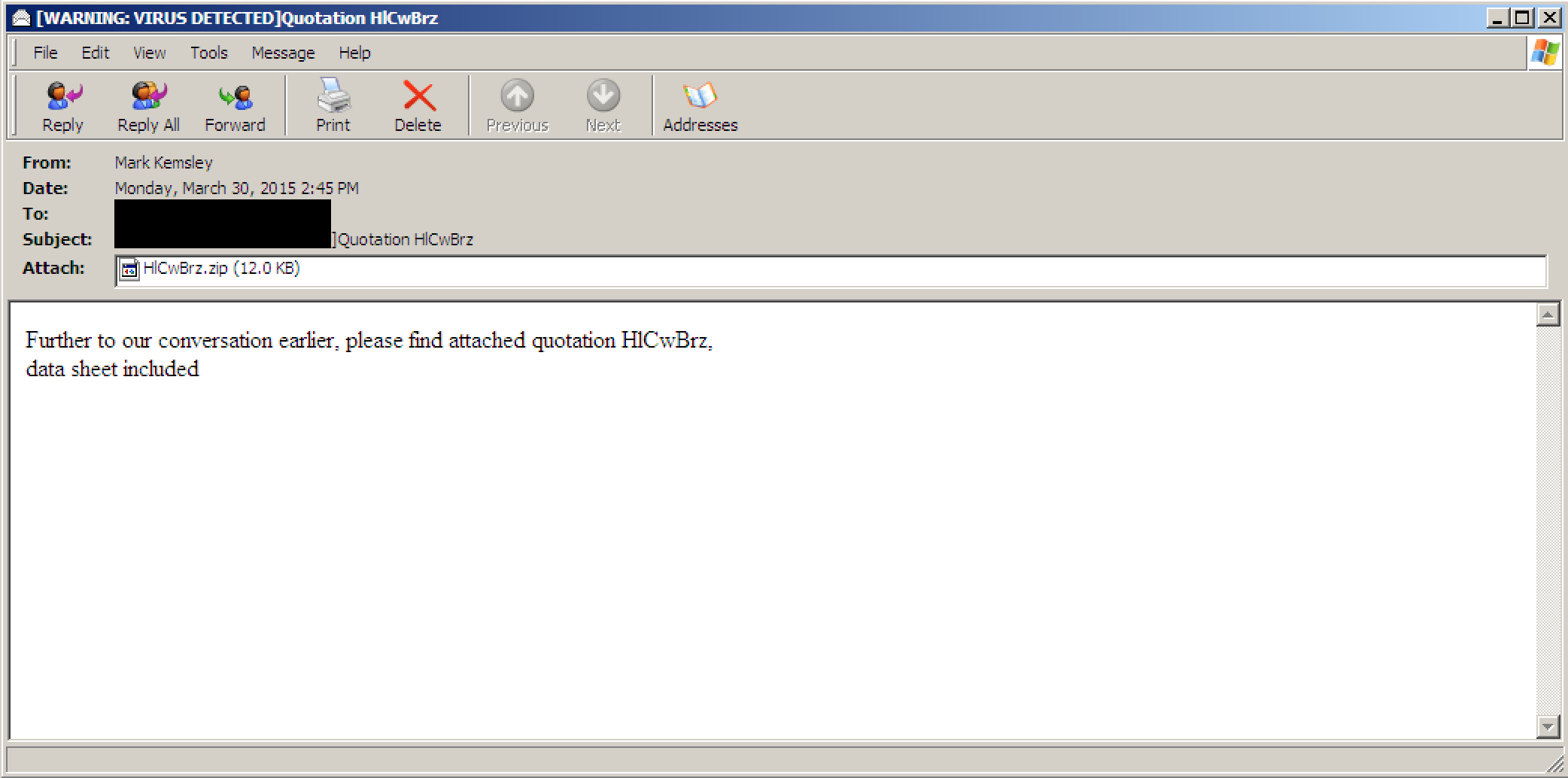 Figure 3: Sample Email from campaign seen March 30th 2015