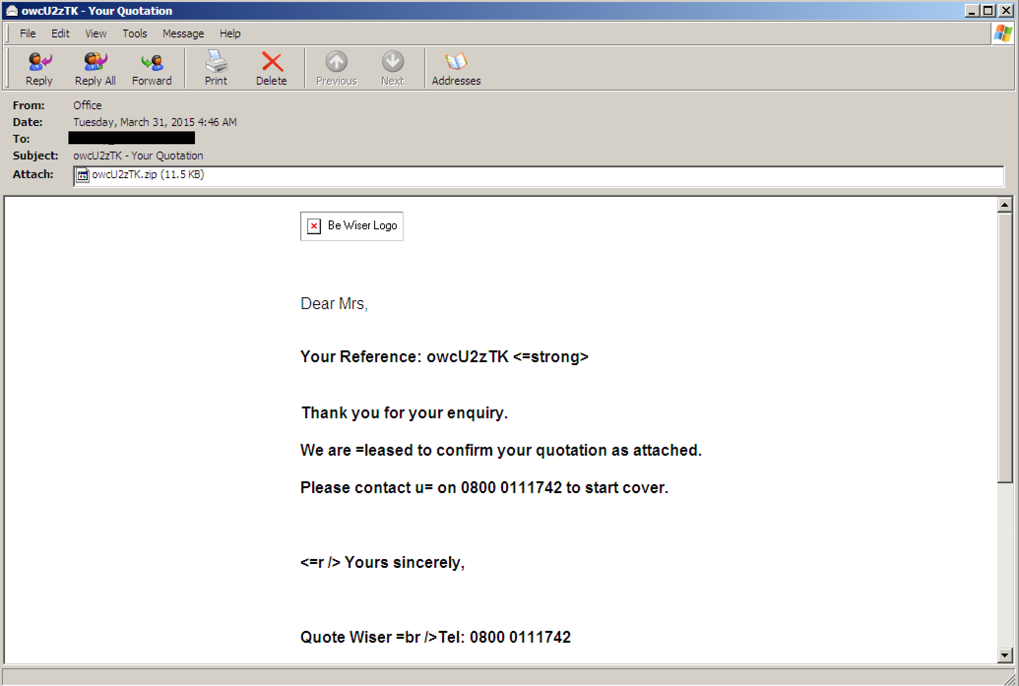 Figure 4: Sample Email from campaign seen March 31st 2015