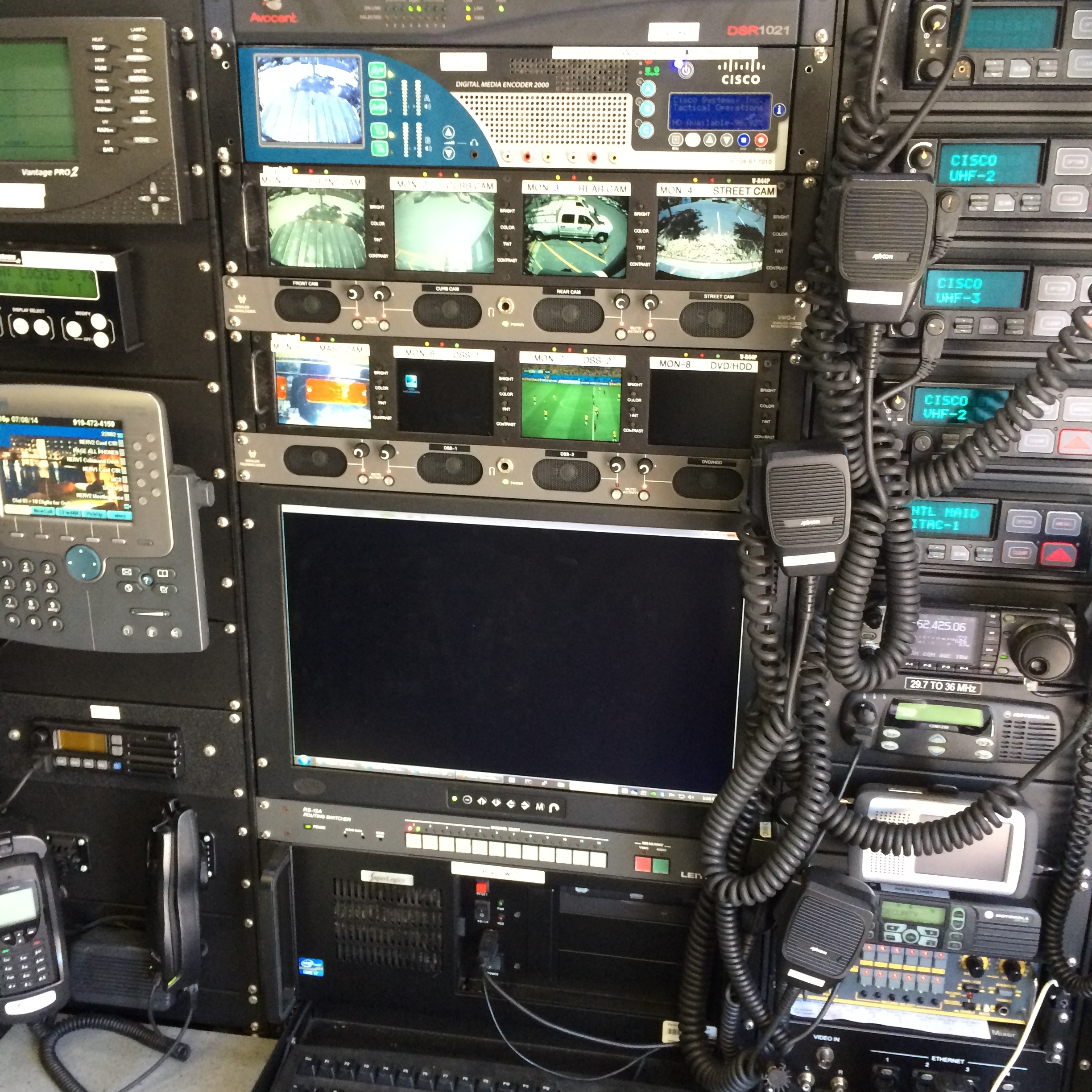 The front of the NERV, complete with Cisco networking equipment, satellite television and Cisco TelePresence