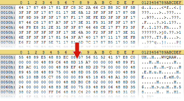 vdfd1f6ed - x64 shellcode (top: ciphertext, bottom: plaintext)