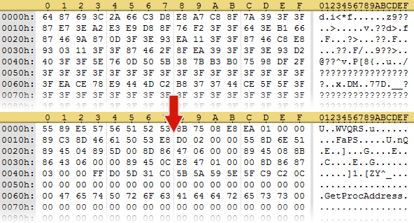 be2e393ne - x86 shellcode (top: ciphertext, bottom: plaintext)
