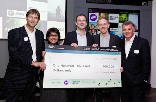 Tom Kneen, Head of BIG – representatives from BIG Awards 2013 winners Umotif and Phil Smith, Cisco senior vice president for Cisco UK and Ireland