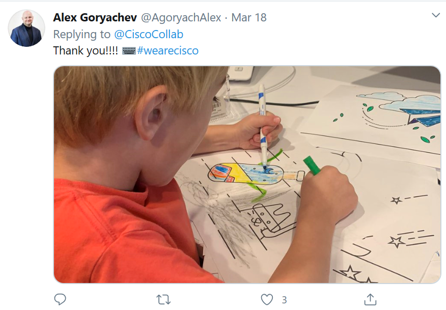 Screenshot of a tweet of a Cisco employee thanking the team for the coloring book while his child colors.