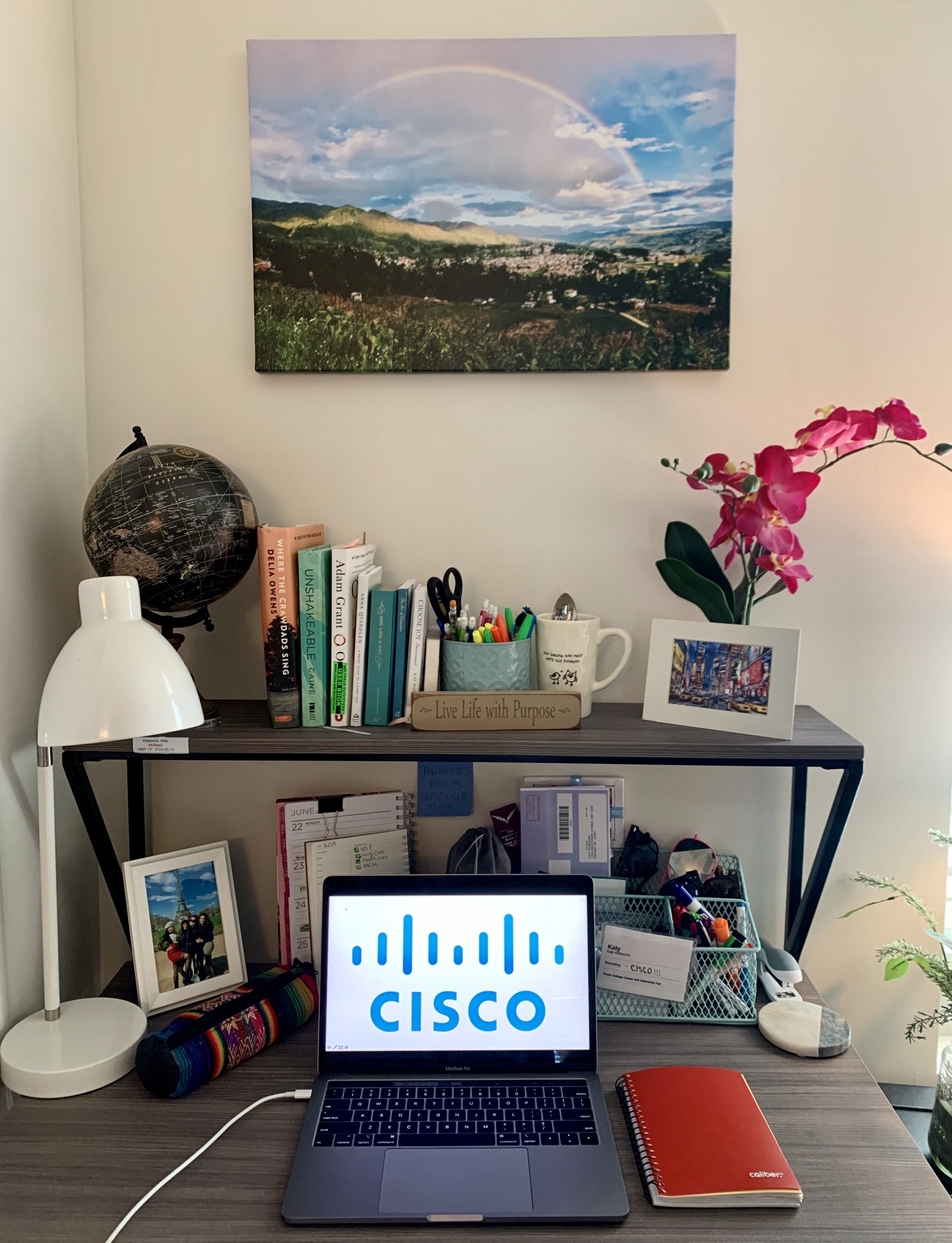 Katy's laptop open with a Cisco logo background on her desk at home.