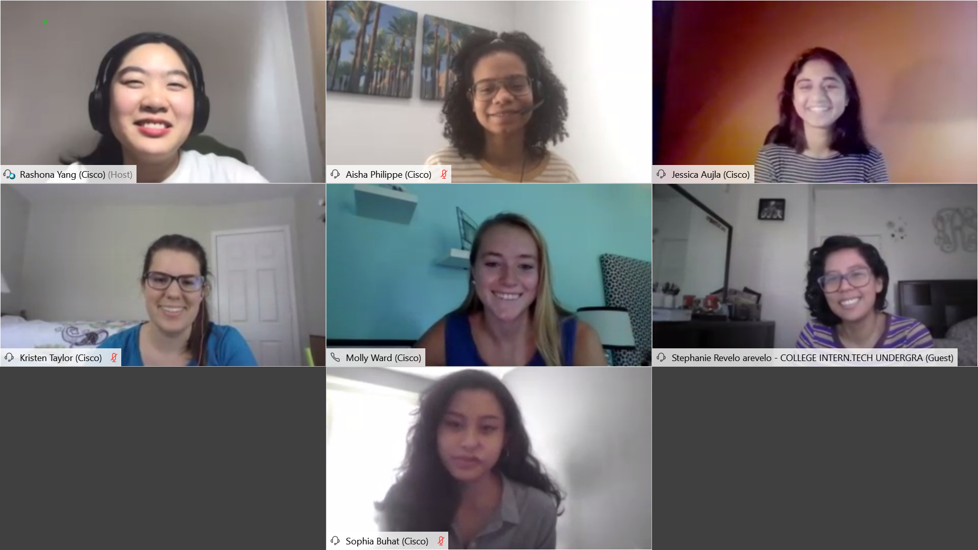 A screenshot of the engineering interns enjoying their "ladies coffee talk" over Webex.